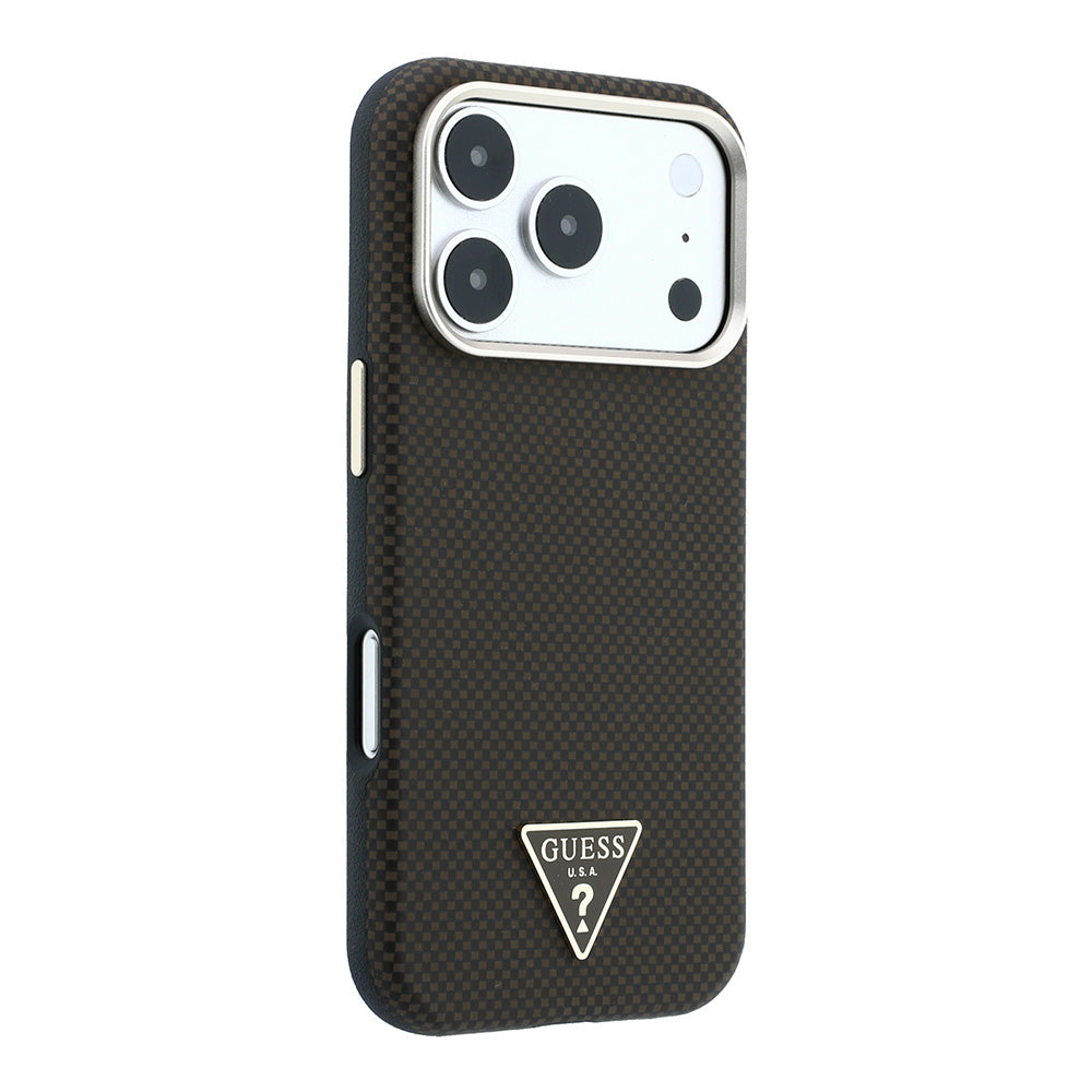 Apple iPhone 18 Pro Kılıf Guess M-safe Uyumlu Metal Üçgen Logolu Karbon Fiber Kevlar Kapak Kahverengi