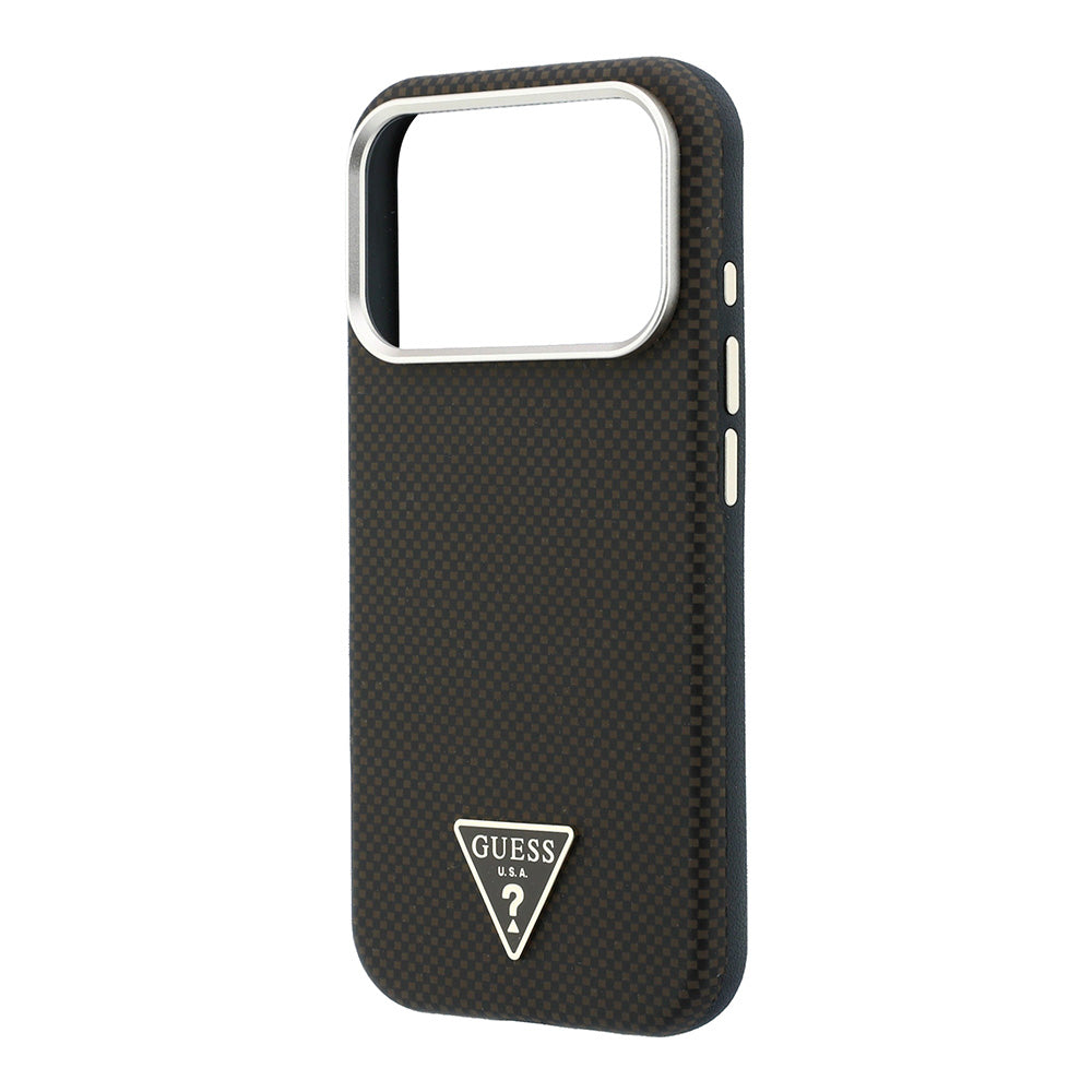 Apple iPhone 18 Pro Kılıf Guess M-safe Uyumlu Metal Üçgen Logolu Karbon Fiber Kevlar Kapak Kahverengi