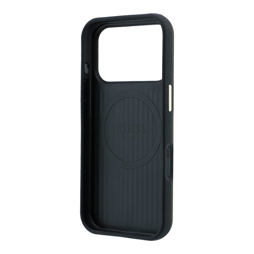 Apple iPhone 18 Pro Kılıf Guess M-safe Uyumlu Metal Üçgen Logolu Karbon Fiber Kevlar Kapak Kahverengi