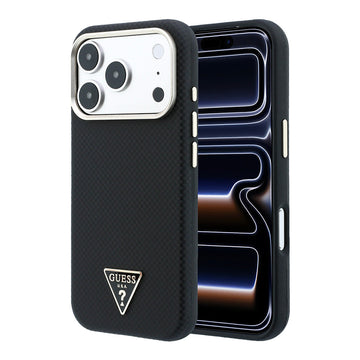 Apple iPhone 18 Pro Kılıf Guess M-safe Uyumlu Metal Üçgen Logolu Karbon Fiber Kevlar Kapak Siyah