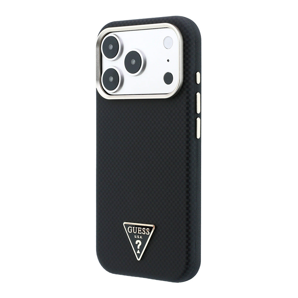 Apple iPhone 18 Pro Kılıf Guess M-safe Uyumlu Metal Üçgen Logolu Karbon Fiber Kevlar Kapak Siyah