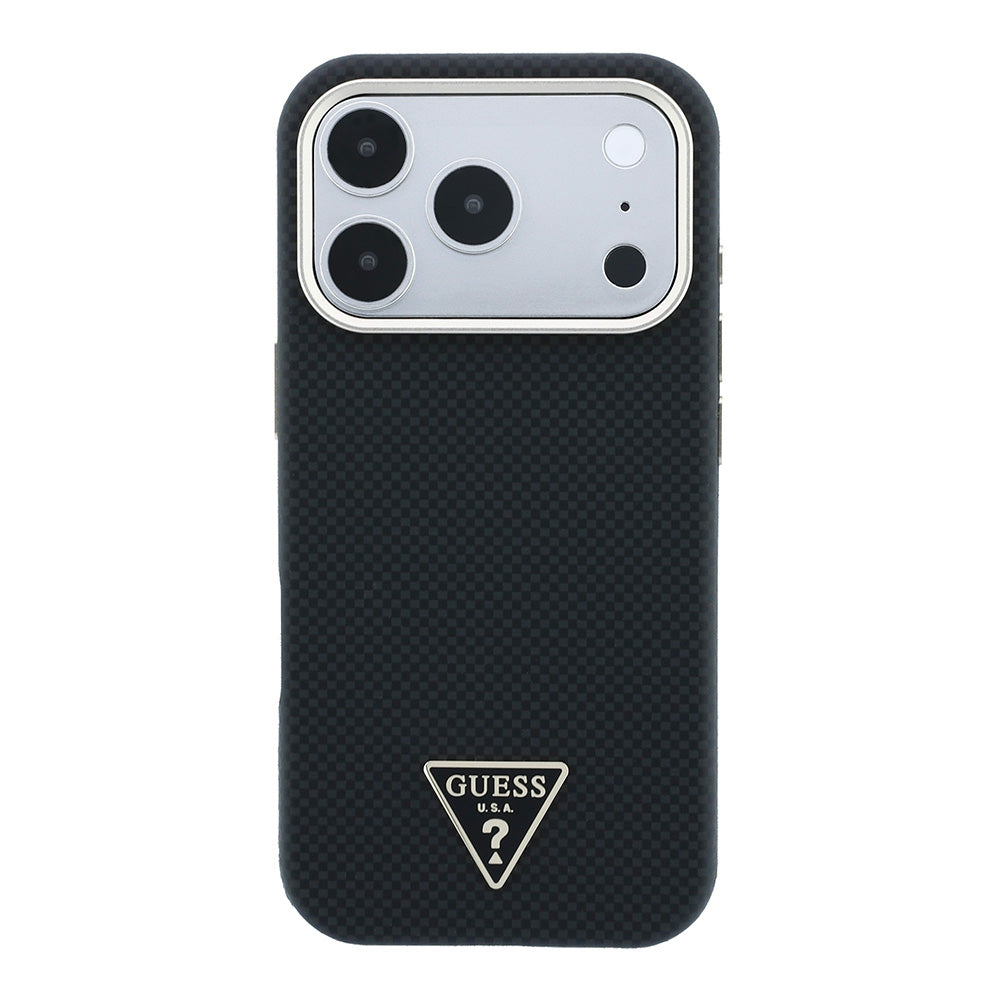 Apple iPhone 18 Pro Kılıf Guess M-safe Uyumlu Metal Üçgen Logolu Karbon Fiber Kevlar Kapak Siyah