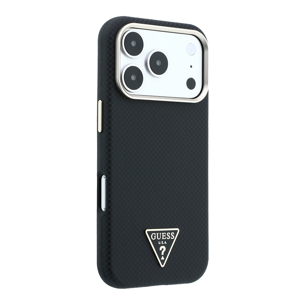Apple iPhone 18 Pro Kılıf Guess M-safe Uyumlu Metal Üçgen Logolu Karbon Fiber Kevlar Kapak Siyah