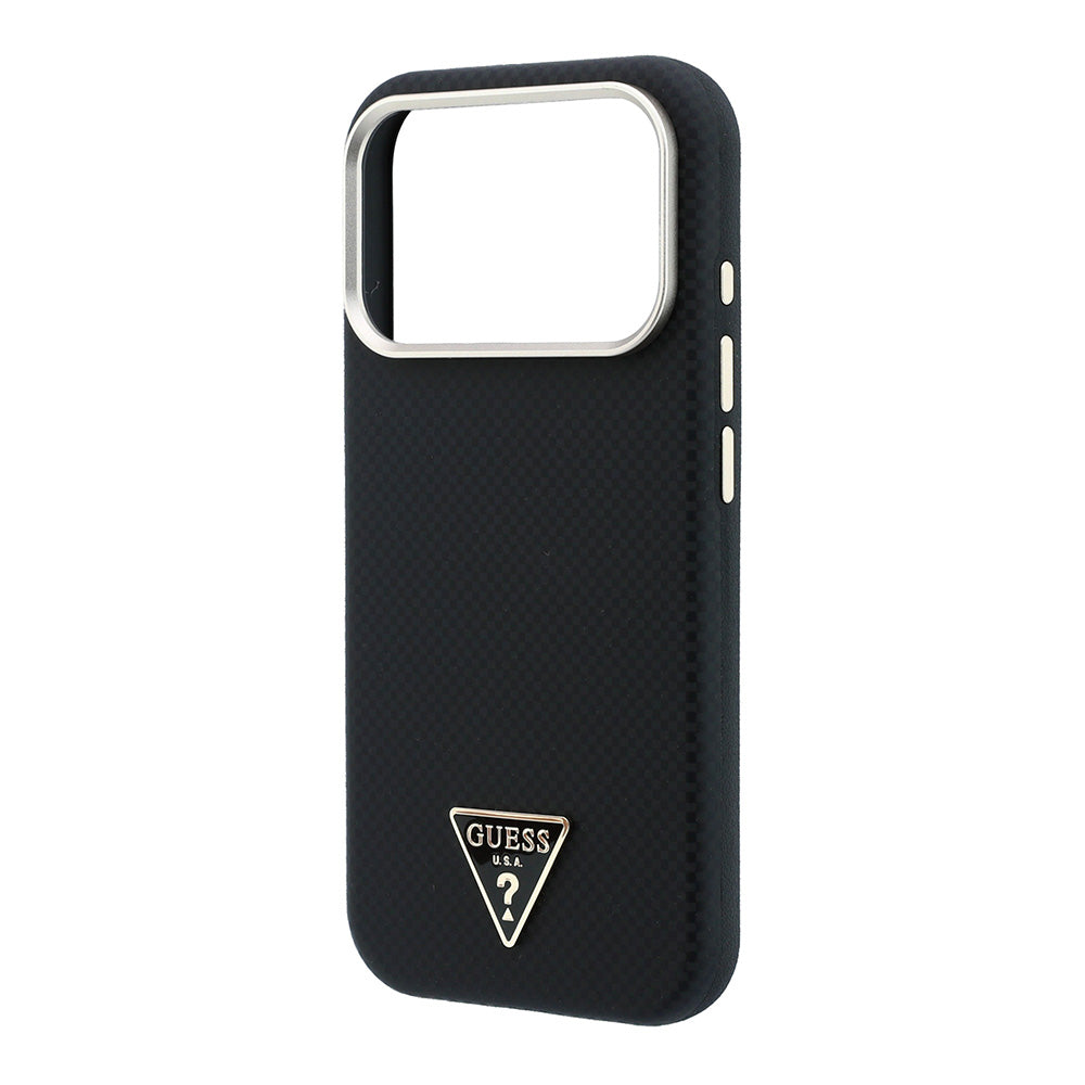 Apple iPhone 18 Pro Kılıf Guess M-safe Uyumlu Metal Üçgen Logolu Karbon Fiber Kevlar Kapak Siyah