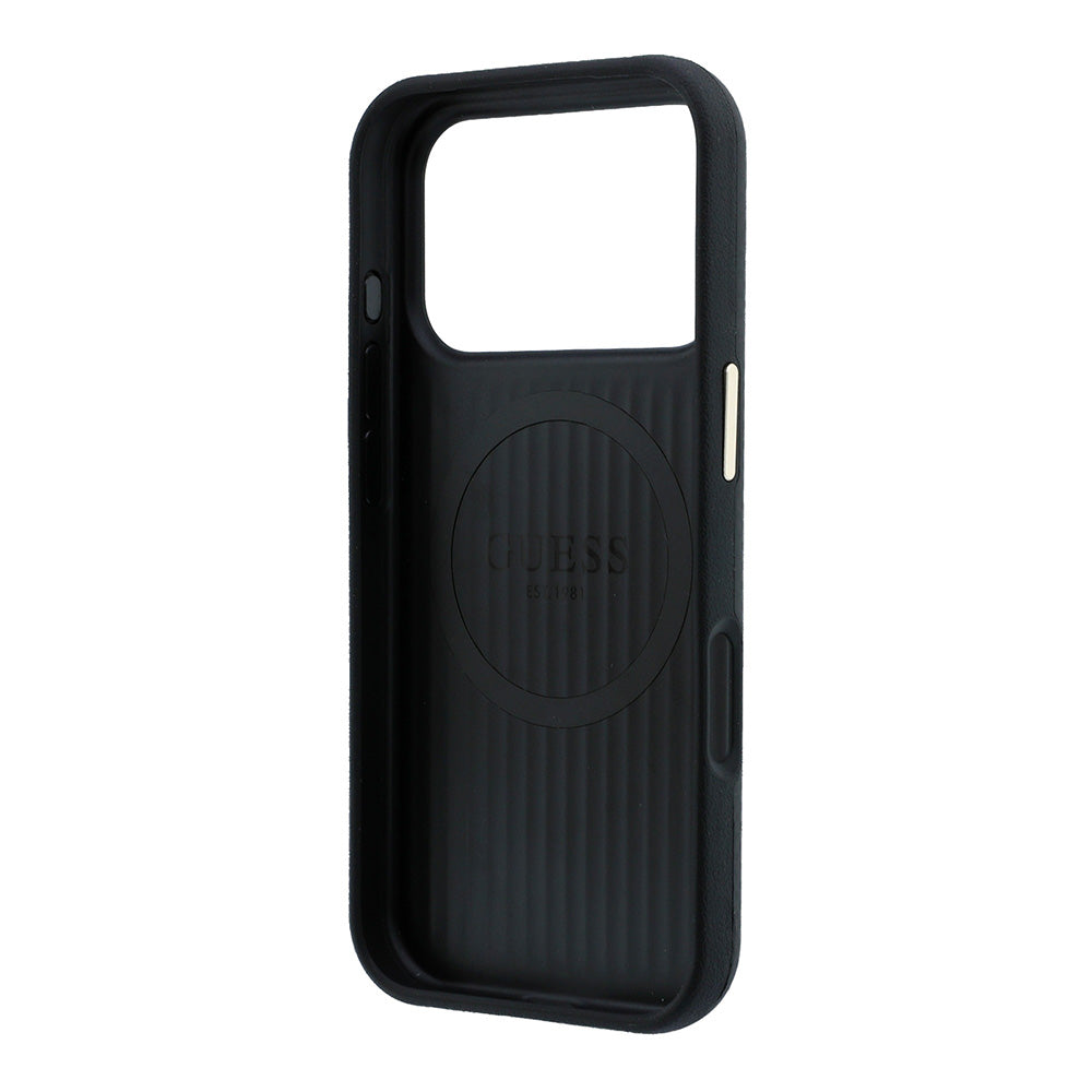Apple iPhone 18 Pro Kılıf Guess M-safe Uyumlu Metal Üçgen Logolu Karbon Fiber Kevlar Kapak Siyah
