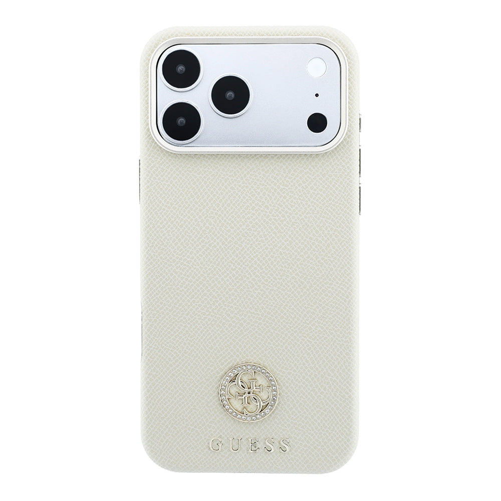 Apple iPhone 18 Pro Kılıf Guess M-safe Uyumlu PU Grained Taşlı Metal 4G ve Yazı Logolu Kapak Bej
