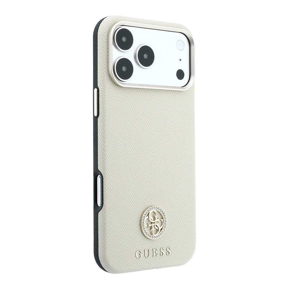 Apple iPhone 18 Pro Kılıf Guess M-safe Uyumlu PU Grained Taşlı Metal 4G ve Yazı Logolu Kapak Bej