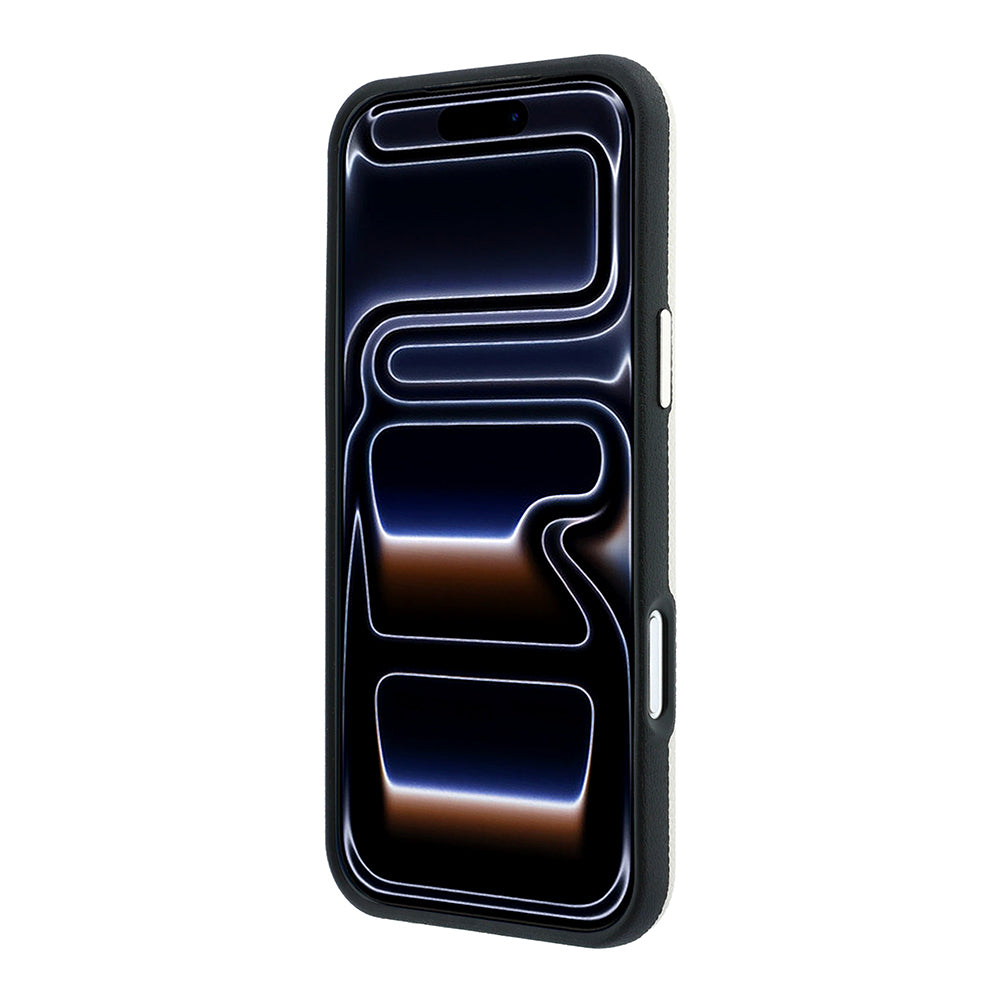 Apple iPhone 18 Pro Kılıf Guess M-safe Uyumlu PU Grained Taşlı Metal 4G ve Yazı Logolu Kapak Bej