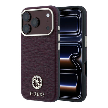 Apple iPhone 18 Pro Kılıf Guess M-safe Uyumlu PU Grained Taşlı Metal 4G ve Yazı Logolu Kapak Bordo