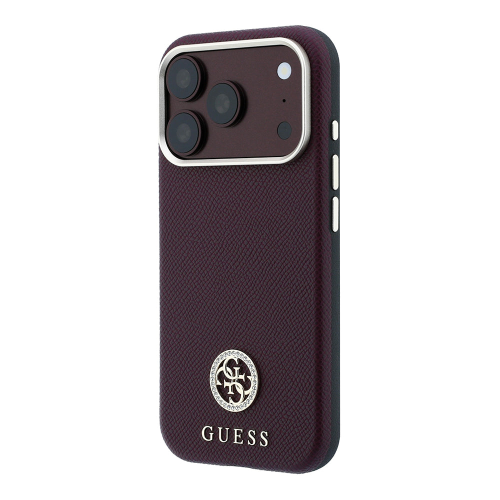 Apple iPhone 18 Pro Kılıf Guess M-safe Uyumlu PU Grained Taşlı Metal 4G ve Yazı Logolu Kapak Bordo