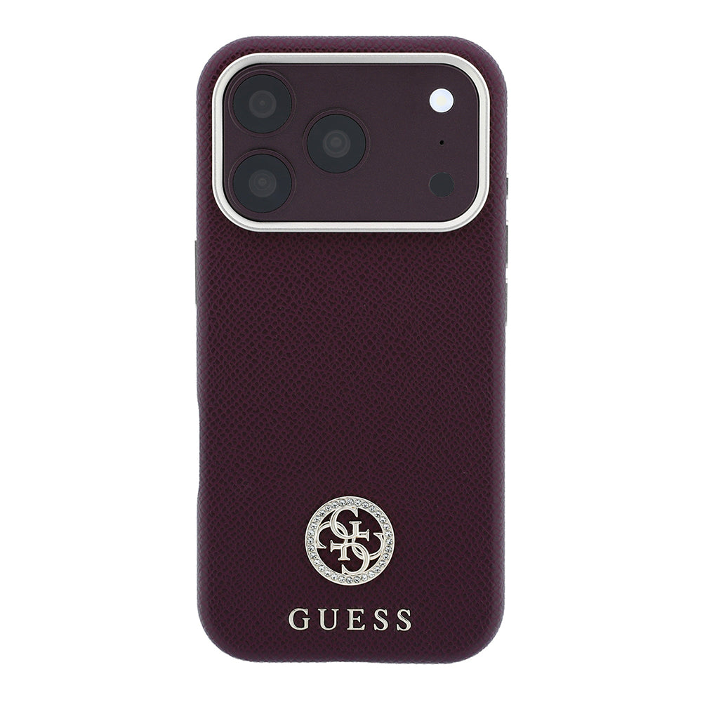 Apple iPhone 18 Pro Kılıf Guess M-safe Uyumlu PU Grained Taşlı Metal 4G ve Yazı Logolu Kapak Bordo