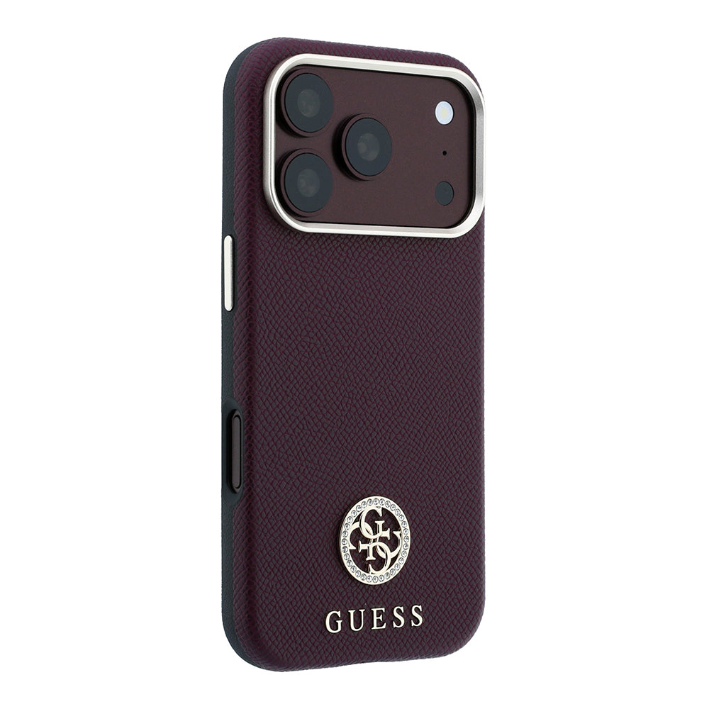 Apple iPhone 18 Pro Kılıf Guess M-safe Uyumlu PU Grained Taşlı Metal 4G ve Yazı Logolu Kapak Bordo