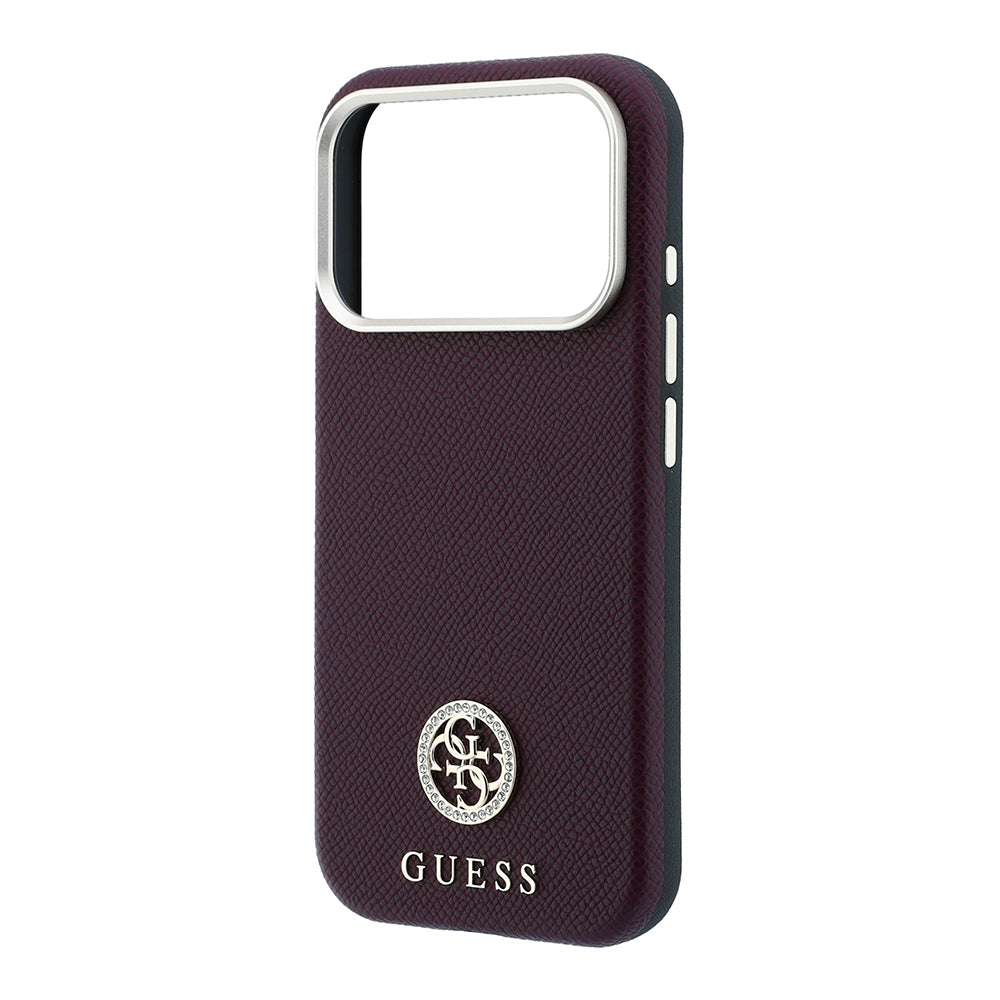 Apple iPhone 18 Pro Kılıf Guess M-safe Uyumlu PU Grained Taşlı Metal 4G ve Yazı Logolu Kapak Bordo