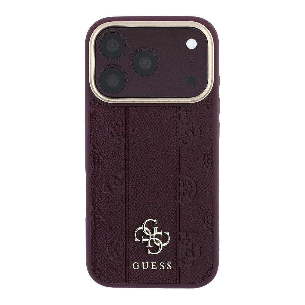 Apple iPhone 18 Pro Kılıf Guess M-safe Uyumlu Şeritli Peony 4G ve Yazı Logolu Kapak Bordo