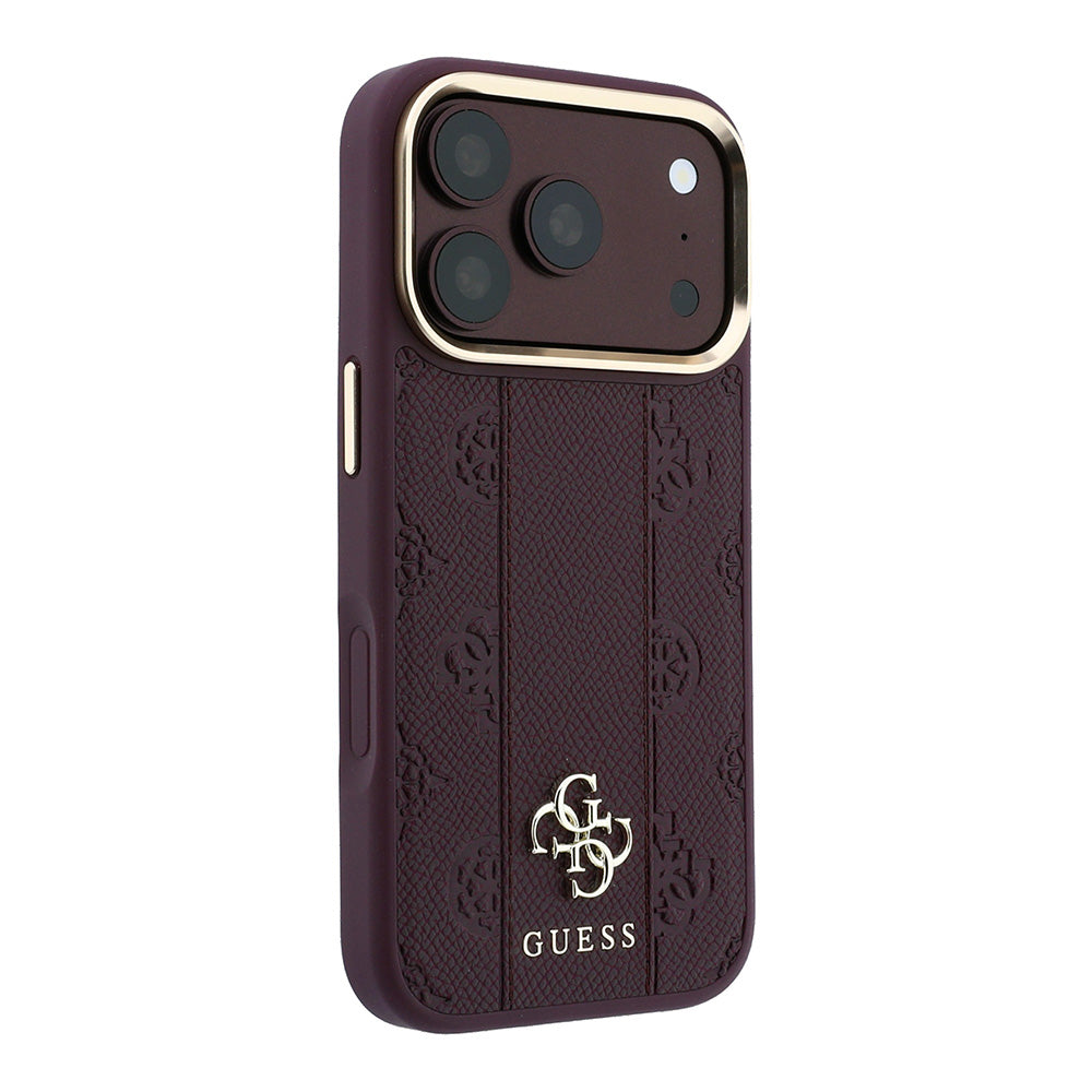 Apple iPhone 18 Pro Kılıf Guess M-safe Uyumlu Şeritli Peony 4G ve Yazı Logolu Kapak Bordo