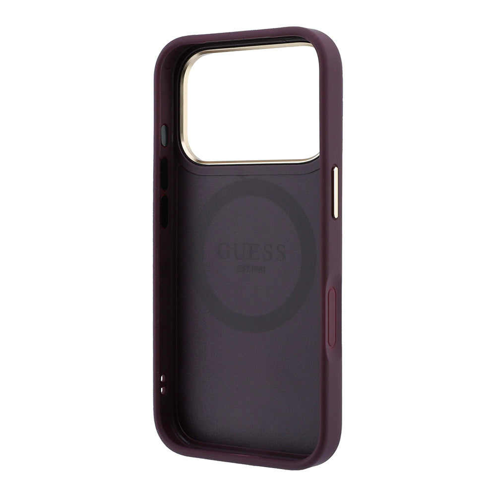 Apple iPhone 18 Pro Kılıf Guess M-safe Uyumlu Şeritli Peony 4G ve Yazı Logolu Kapak Bordo