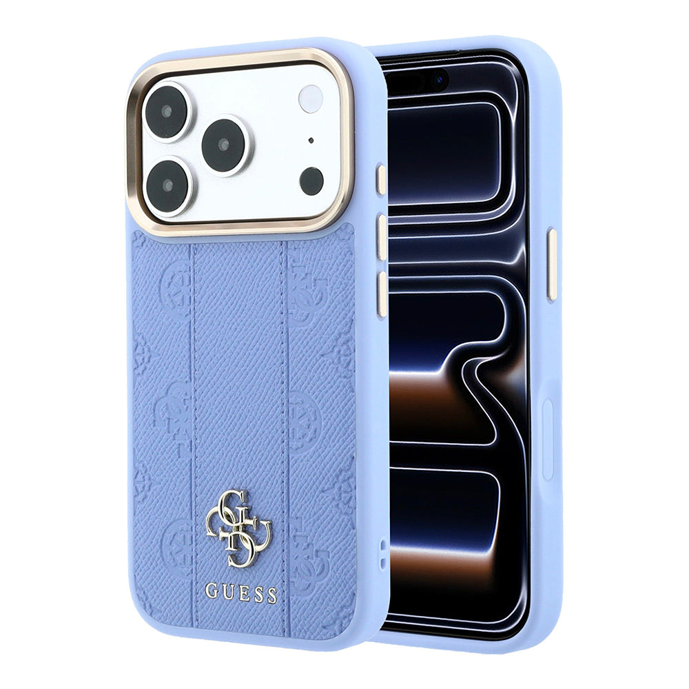 Apple iPhone 18 Pro Kılıf Guess M-safe Uyumlu Şeritli Peony 4G ve Yazı Logolu Kapak Mavi