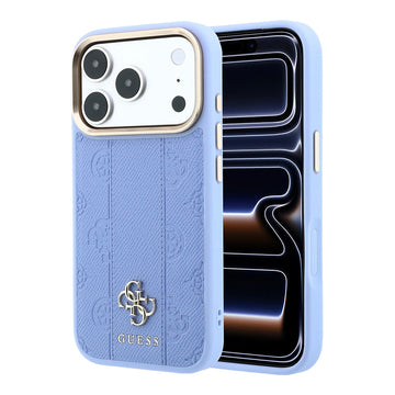 Apple iPhone 18 Pro Kılıf Guess M-safe Uyumlu Şeritli Peony 4G ve Yazı Logolu Kapak Mavi