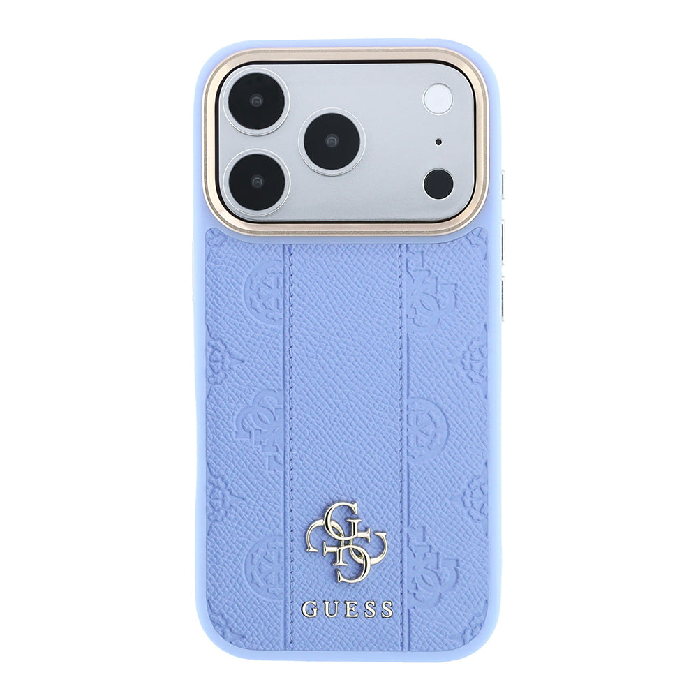 Apple iPhone 18 Pro Kılıf Guess M-safe Uyumlu Şeritli Peony 4G ve Yazı Logolu Kapak Mavi