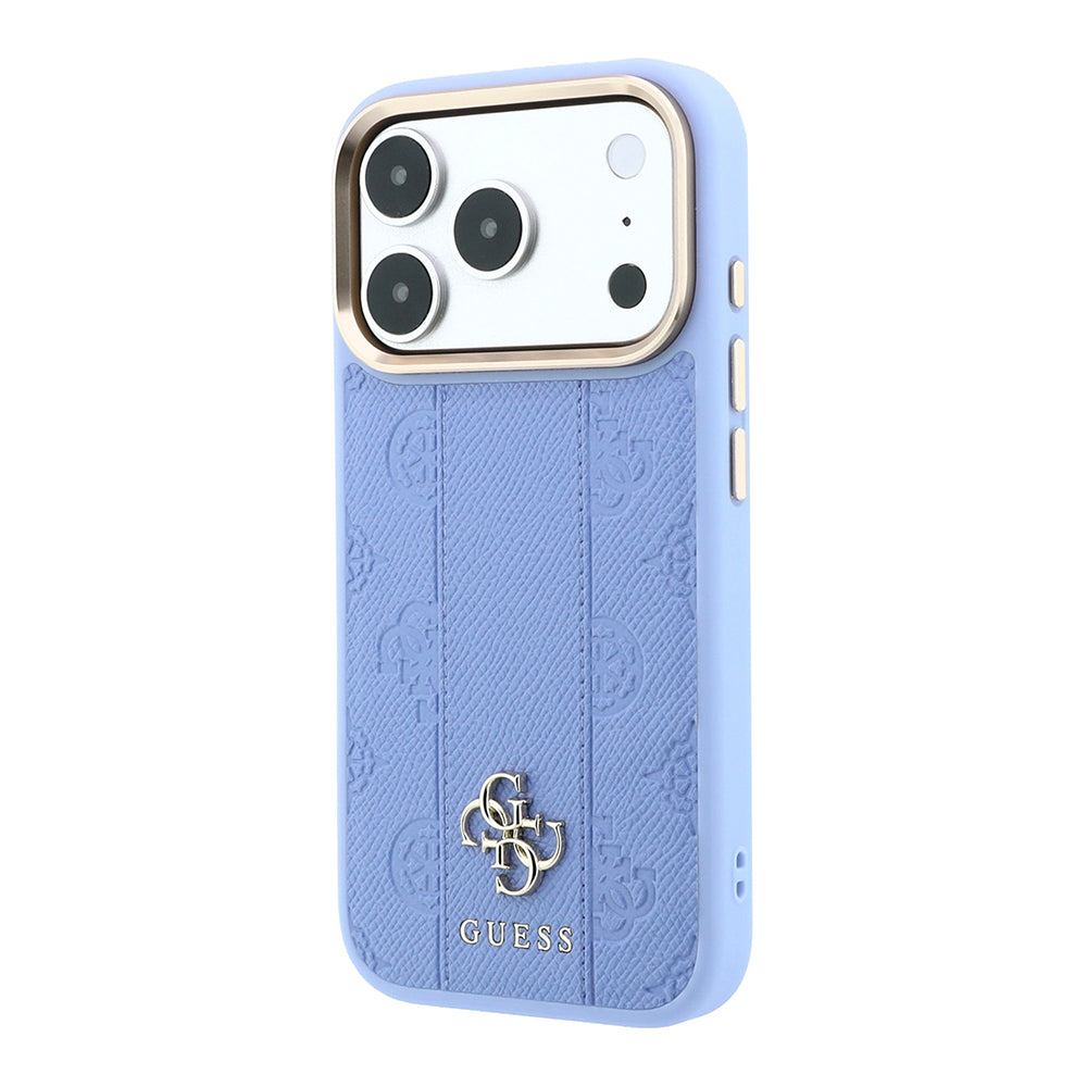 Apple iPhone 18 Pro Kılıf Guess M-safe Uyumlu Şeritli Peony 4G ve Yazı Logolu Kapak Mavi