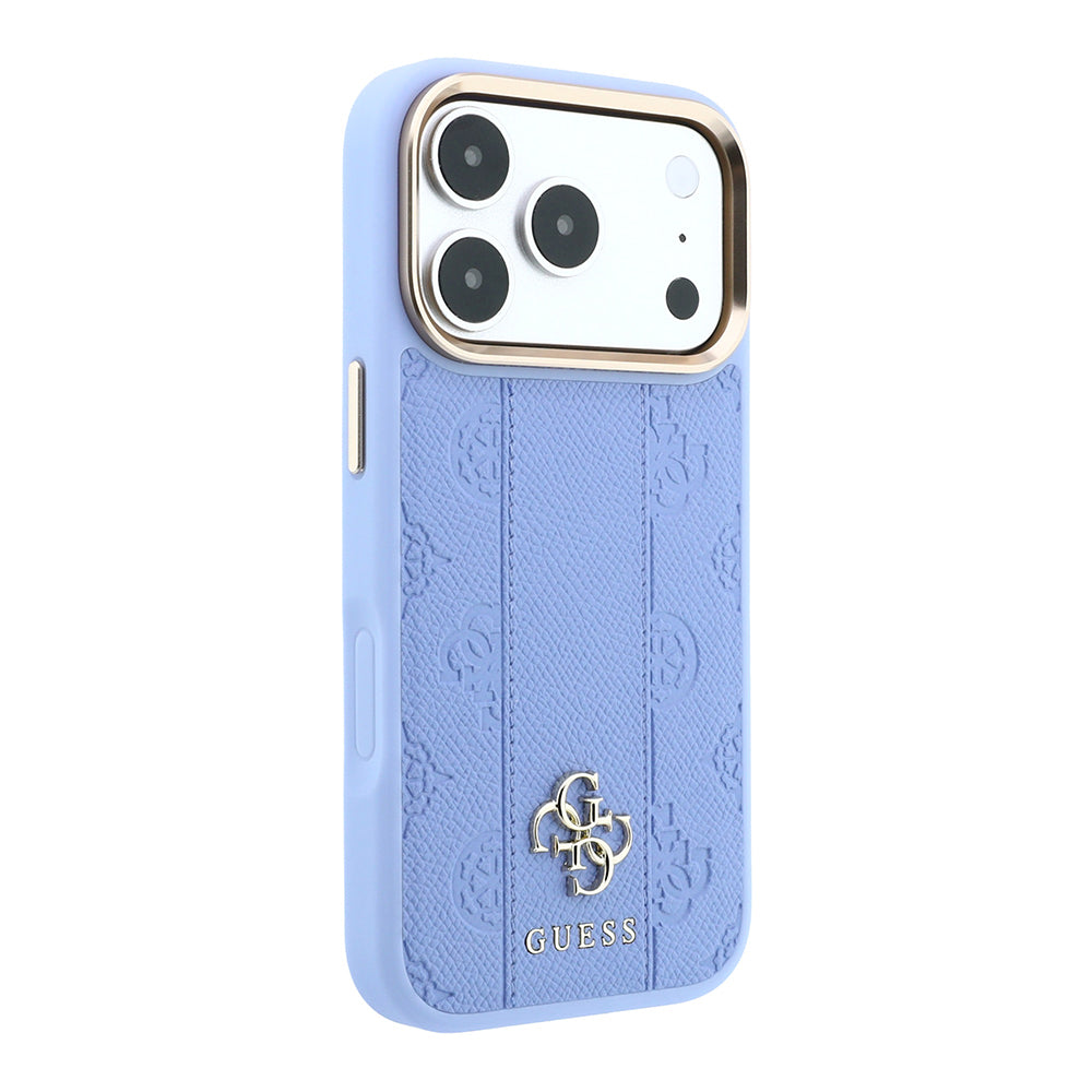 Apple iPhone 18 Pro Kılıf Guess M-safe Uyumlu Şeritli Peony 4G ve Yazı Logolu Kapak Mavi