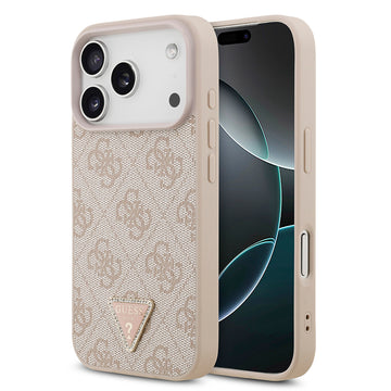 Apple iPhone 18 Pro Kılıf Guess Taşlı Üçgen Logolu 4G Desenli Strass Kapak Pembe