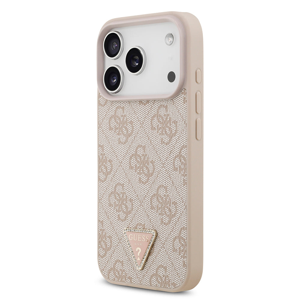 Apple iPhone 18 Pro Kılıf Guess Taşlı Üçgen Logolu 4G Desenli Strass Kapak Pembe