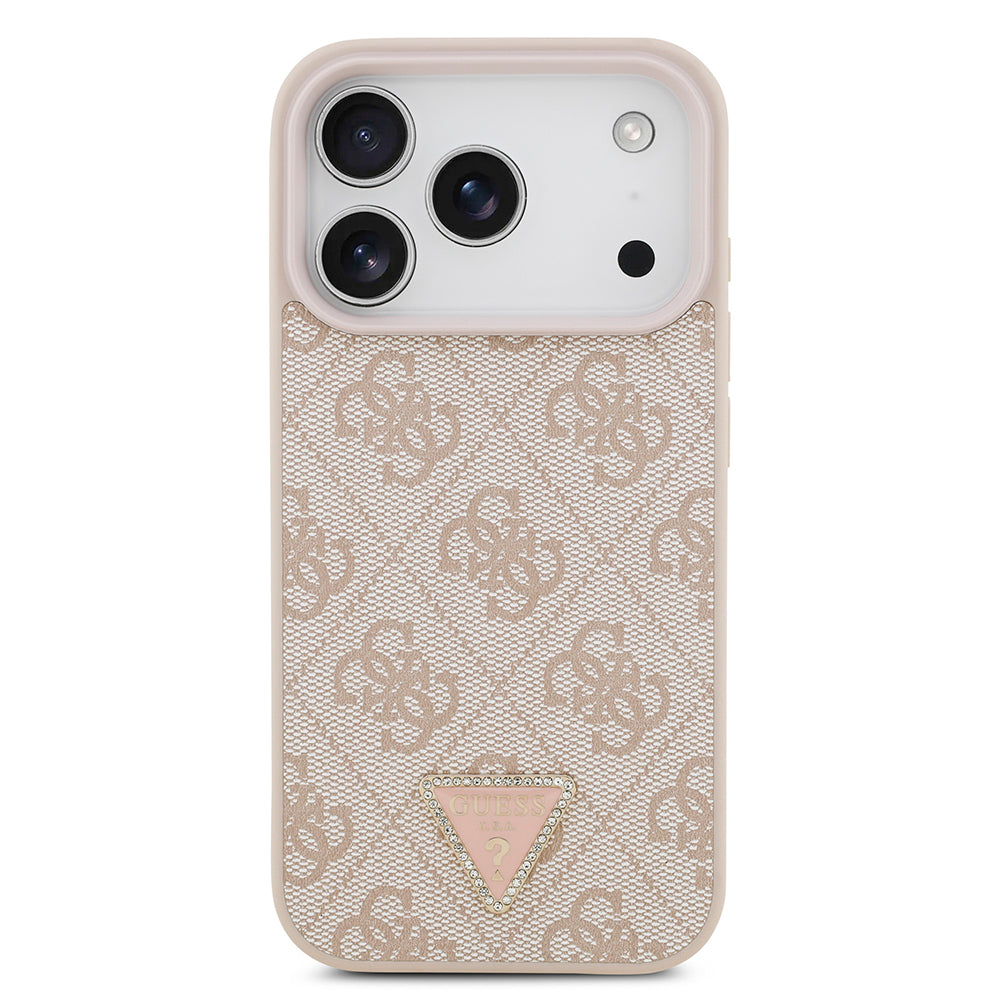 Apple iPhone 18 Pro Kılıf Guess Taşlı Üçgen Logolu 4G Desenli Strass Kapak Pembe