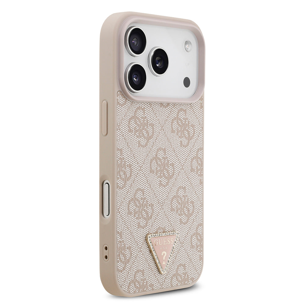 Apple iPhone 18 Pro Kılıf Guess Taşlı Üçgen Logolu 4G Desenli Strass Kapak Pembe