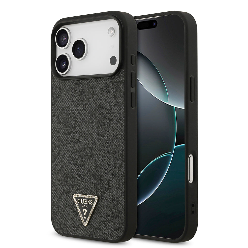 Apple iPhone 18 Pro Kılıf Guess Taşlı Üçgen Logolu 4G Desenli Strass Kapak Siyah