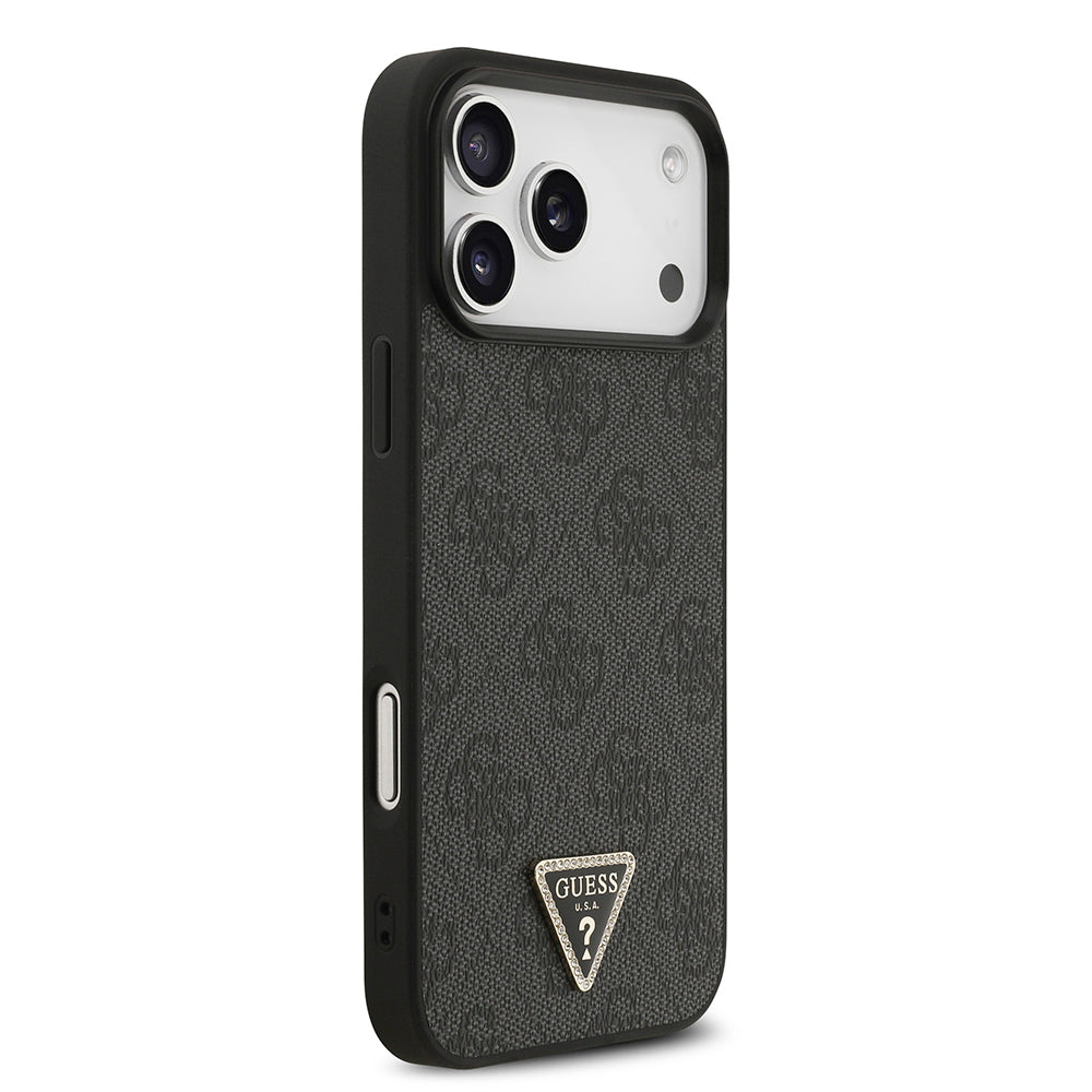 Apple iPhone 18 Pro Kılıf Guess Taşlı Üçgen Logolu 4G Desenli Strass Kapak Siyah