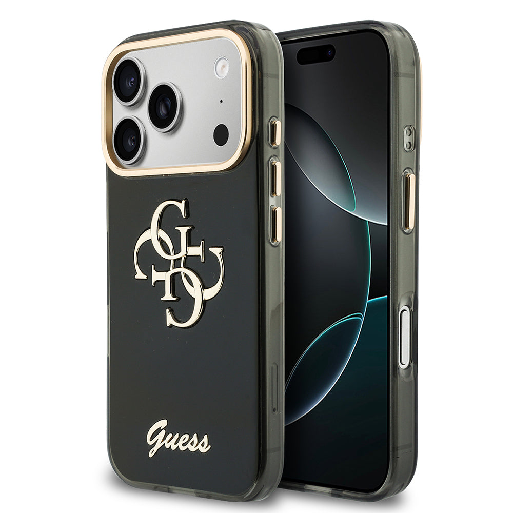 Apple iPhone 18 Pro Kılıf Guess Yazı ve 4G Büyük Metal Logolu Tpu Kapak Siyah