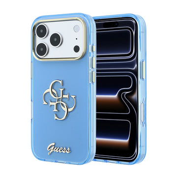 Apple iPhone 18 Pro Kılıf Guess Yazı ve 4G Büyük Metal Logolu Tpu Kapak Mavi