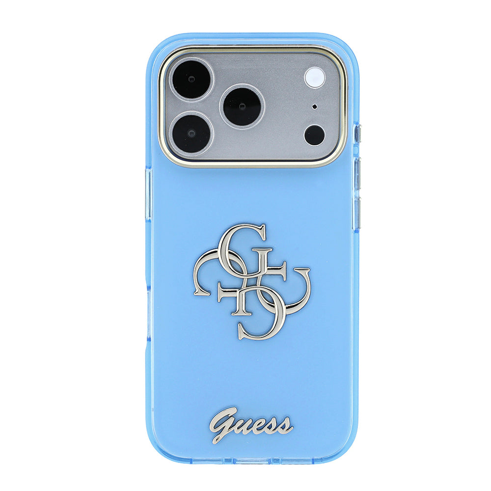 Apple iPhone 18 Pro Kılıf Guess Yazı ve 4G Büyük Metal Logolu Tpu Kapak Mavi