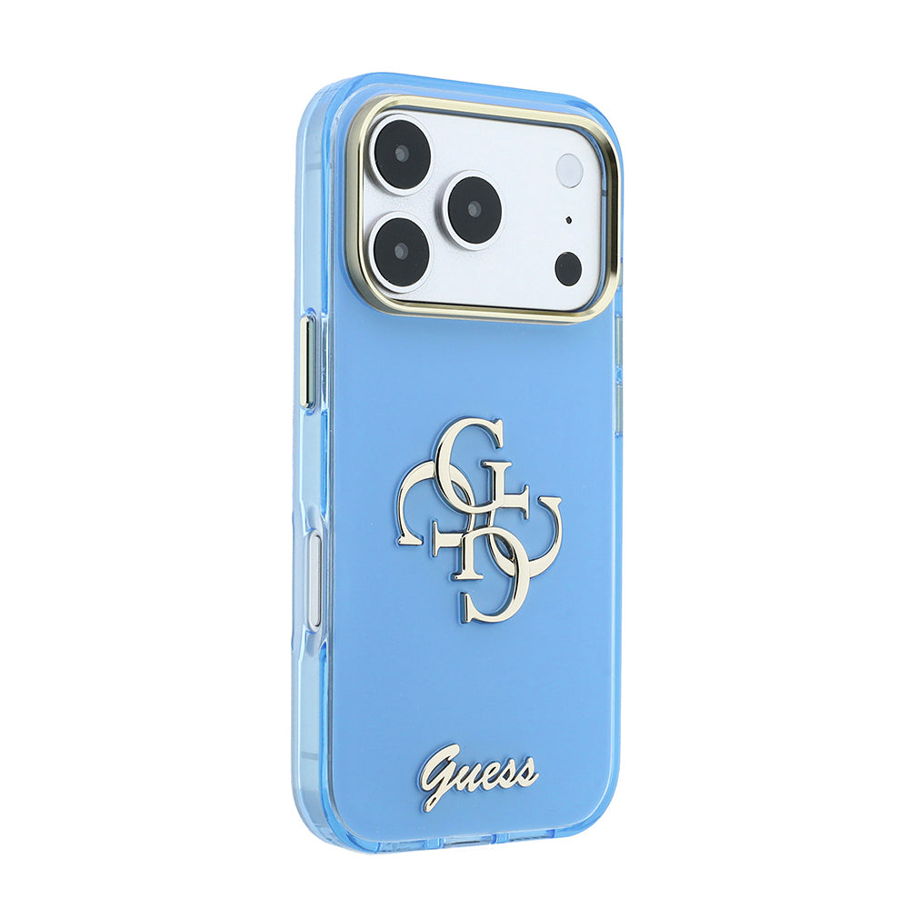 Apple iPhone 18 Pro Kılıf Guess Yazı ve 4G Büyük Metal Logolu Tpu Kapak Mavi