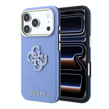 Apple iPhone 18 Pro Kılıf Guess Yazı ve 4G Resin Büyük Logolu PU Kapak Mavi