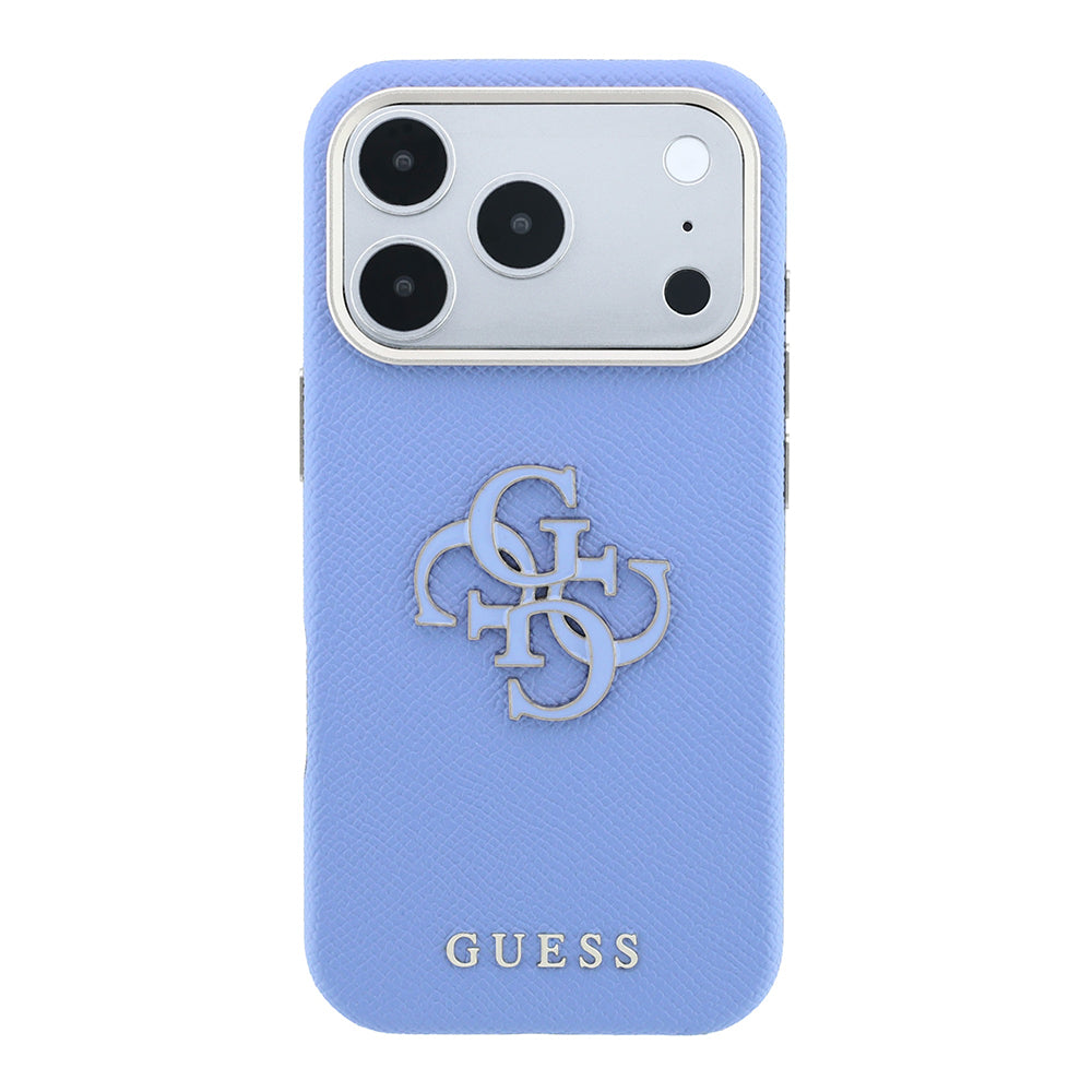 Apple iPhone 18 Pro Kılıf Guess Yazı ve 4G Resin Büyük Logolu PU Kapak Mavi