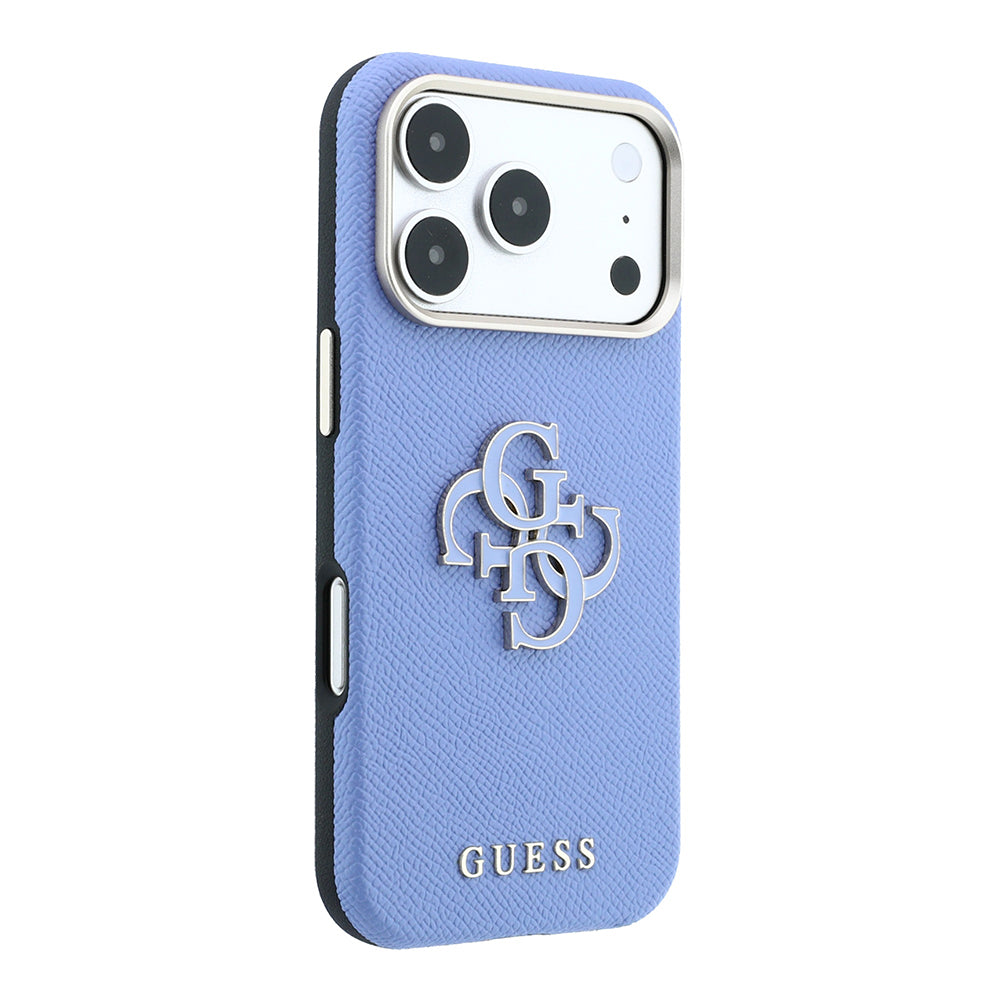 Apple iPhone 18 Pro Kılıf Guess Yazı ve 4G Resin Büyük Logolu PU Kapak Mavi