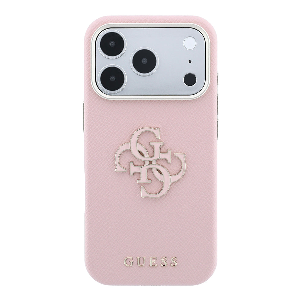Apple iPhone 18 Pro Kılıf Guess Yazı ve 4G Resin Büyük Logolu PU Kapak Pembe