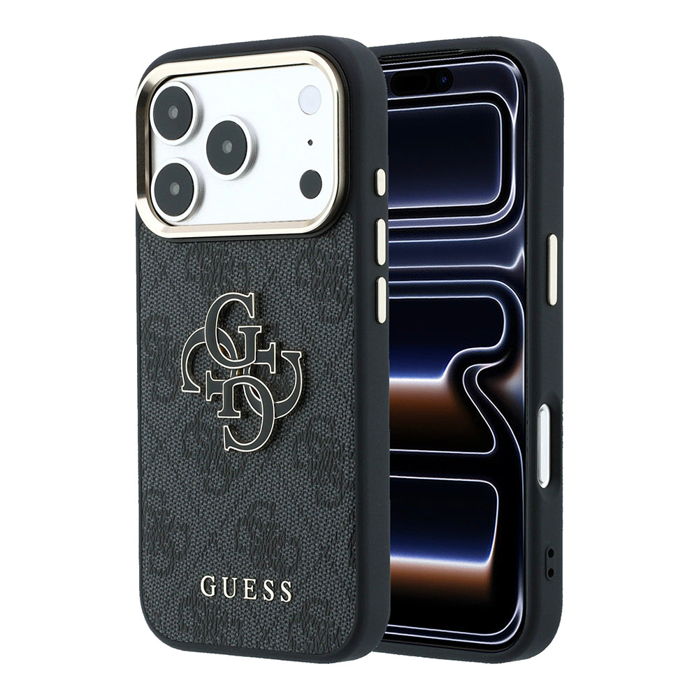 Apple iPhone 18 Pro Kılıf Guess 4G Büyük Resin ve Yazı Logolu PU Kapak Siyah