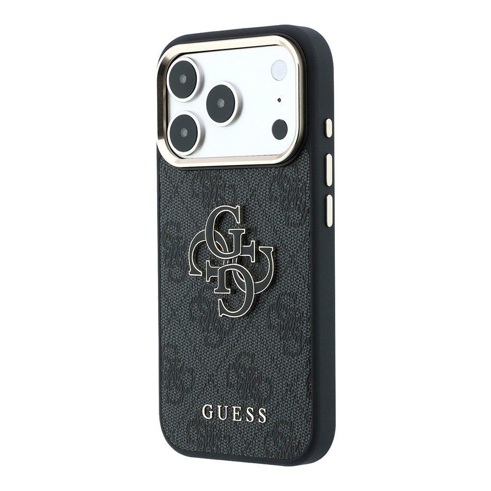 Apple iPhone 18 Pro Kılıf Guess 4G Büyük Resin ve Yazı Logolu PU Kapak Siyah