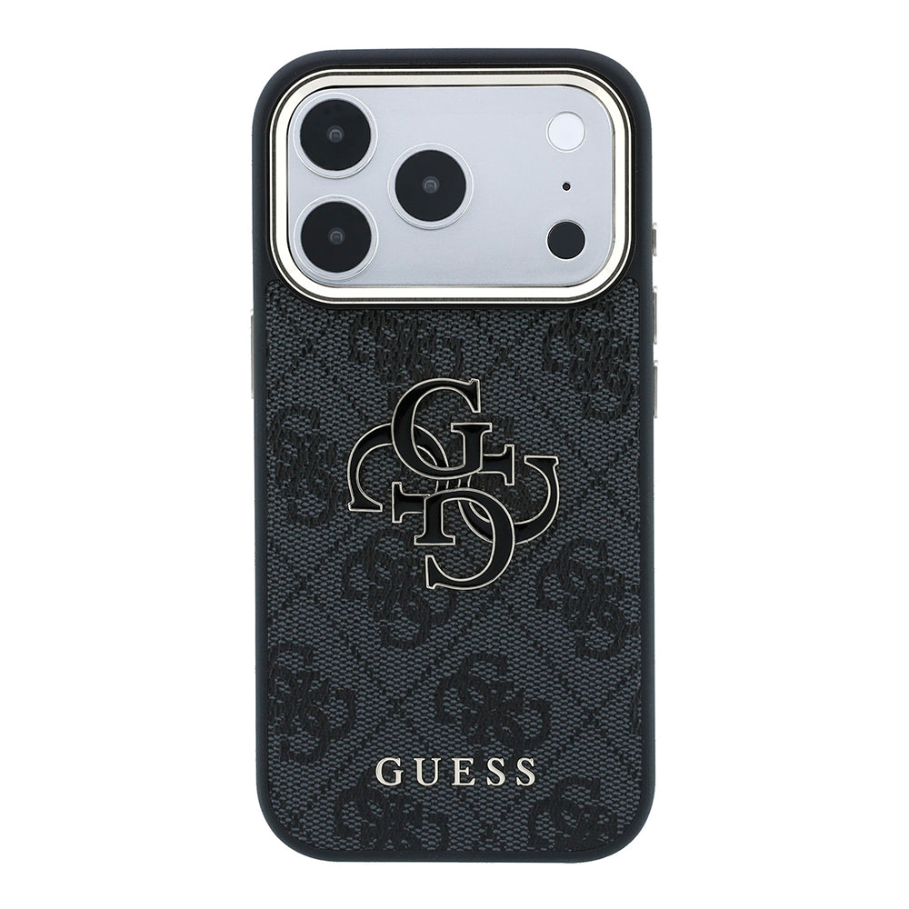 Apple iPhone 18 Pro Kılıf Guess 4G Büyük Resin ve Yazı Logolu PU Kapak Siyah