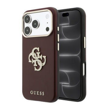 Apple iPhone 18 Pro Max Kılıf Guess 4G Büyük Taşlı Resin Logolu PU Deri Kapak Bordo