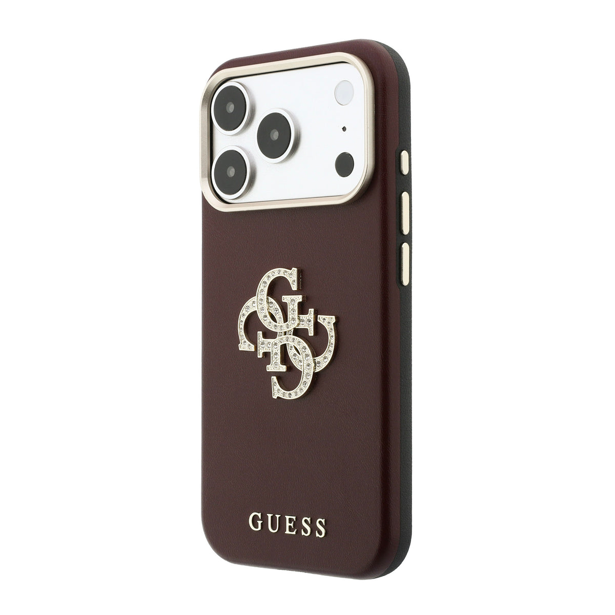 Apple iPhone 18 Pro Max Kılıf Guess 4G Büyük Taşlı Resin Logolu PU Deri Kapak Bordo