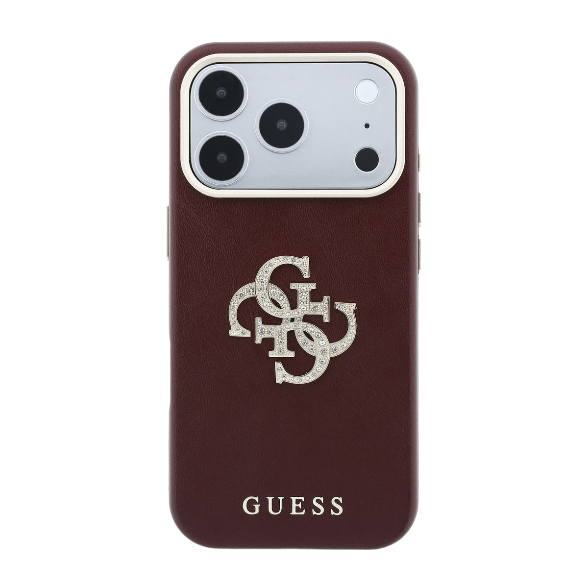 Apple iPhone 18 Pro Max Kılıf Guess 4G Büyük Taşlı Resin Logolu PU Deri Kapak Bordo