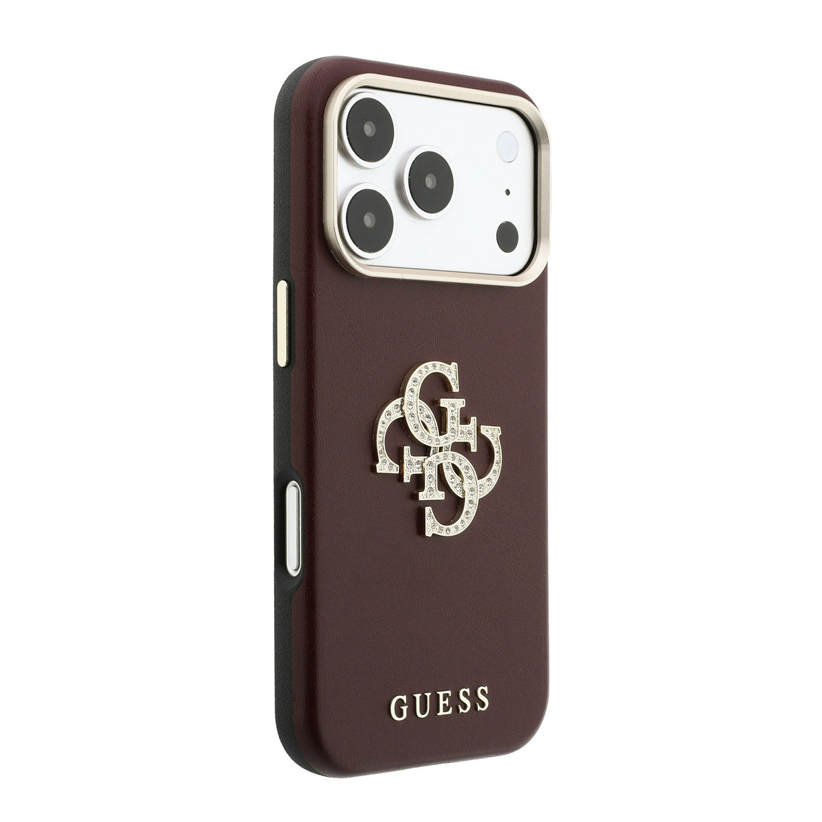 Apple iPhone 18 Pro Max Kılıf Guess 4G Büyük Taşlı Resin Logolu PU Deri Kapak Bordo