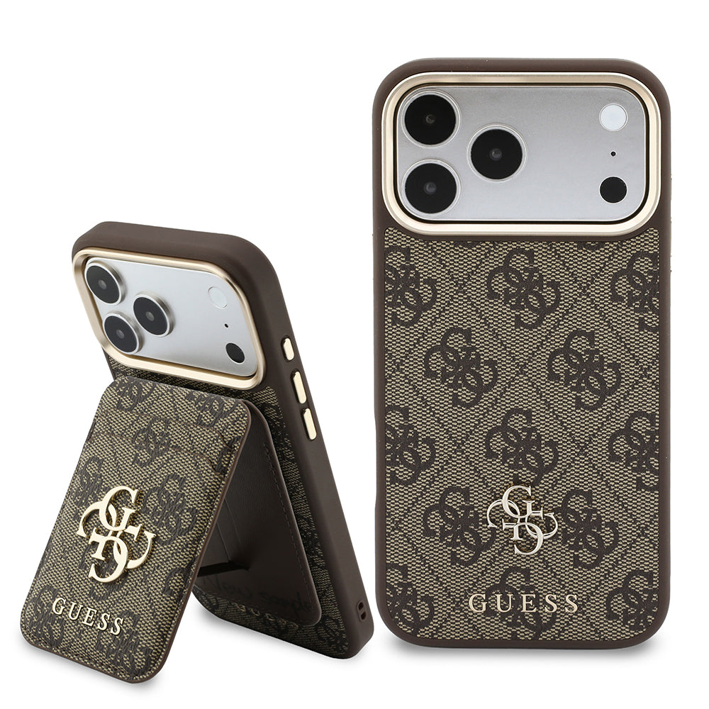 Apple iPhone 18 Pro Kılıf Guess 4G ve Yazı Logolu Kartlıklı Kapak 2in1 Set Kahverengi