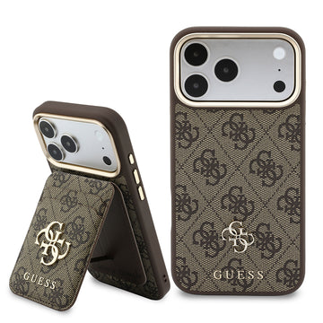 Apple iPhone 18 Pro Kılıf Guess 4G ve Yazı Logolu Kartlıklı Kapak 2in1 Set Kahverengi