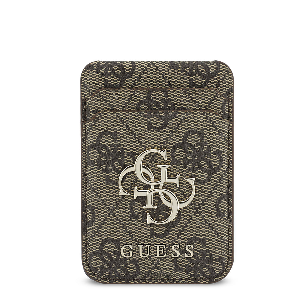 Apple iPhone 18 Pro Kılıf Guess 4G ve Yazı Logolu Kartlıklı Kapak 2in1 Set Kahverengi