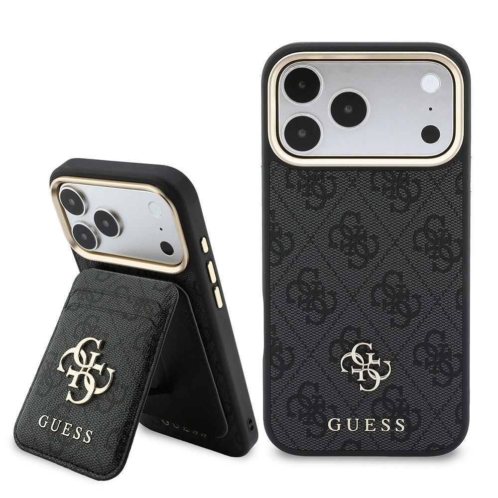 Apple iPhone 18 Pro Kılıf Guess 4G ve Yazı Logolu Kartlıklı Kapak 2in1 Set Siyah